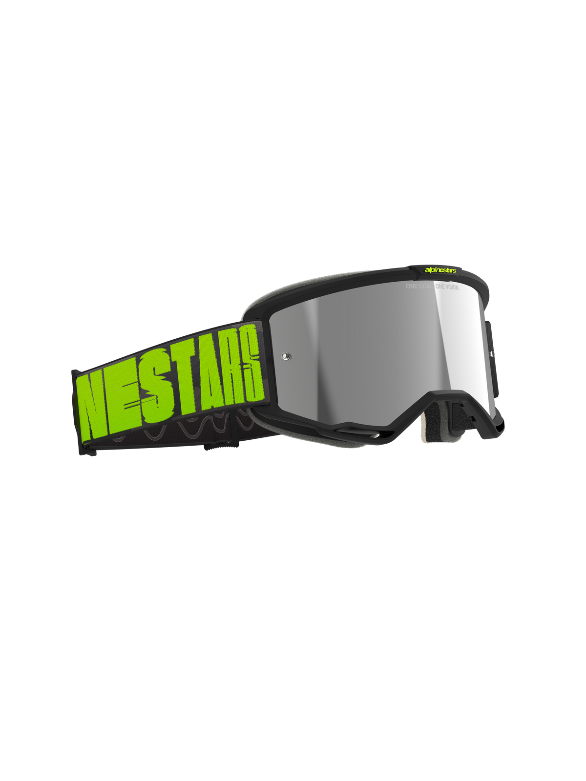 Alpinestars Vision 5 Hollow Goggles, motocrossglasögon, grafitgrå och neongul, silverspegellins, brett svart band med stor neongul logotyp, smidig ram med RAM-AIR-ventilation för terrängkörning