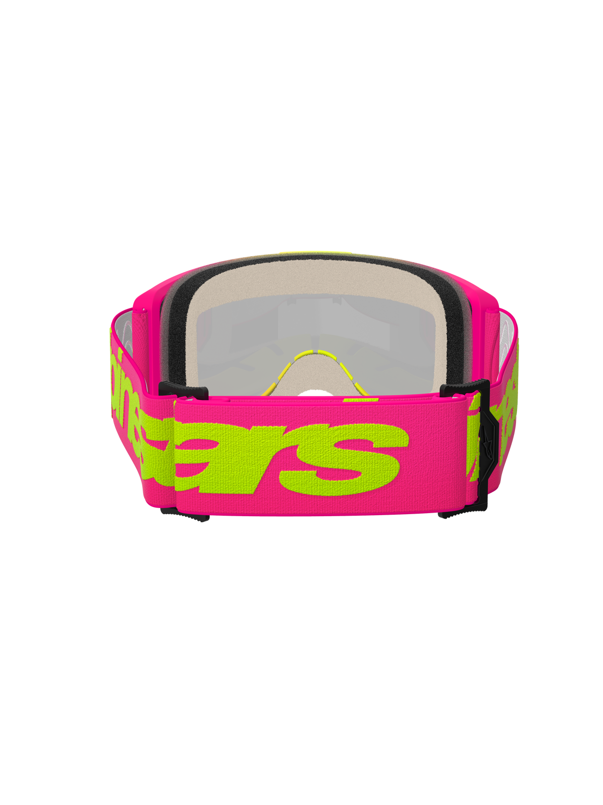 Alpinestars Vision 5 Wordmark-glasögon, motocrossglasögon, rosa och neongula, vy bakifrån som visar den breda rosa vävda remmen med gul Alpinestars-textlogotyp, flerskiktsskum och lättviktsram i uretan.