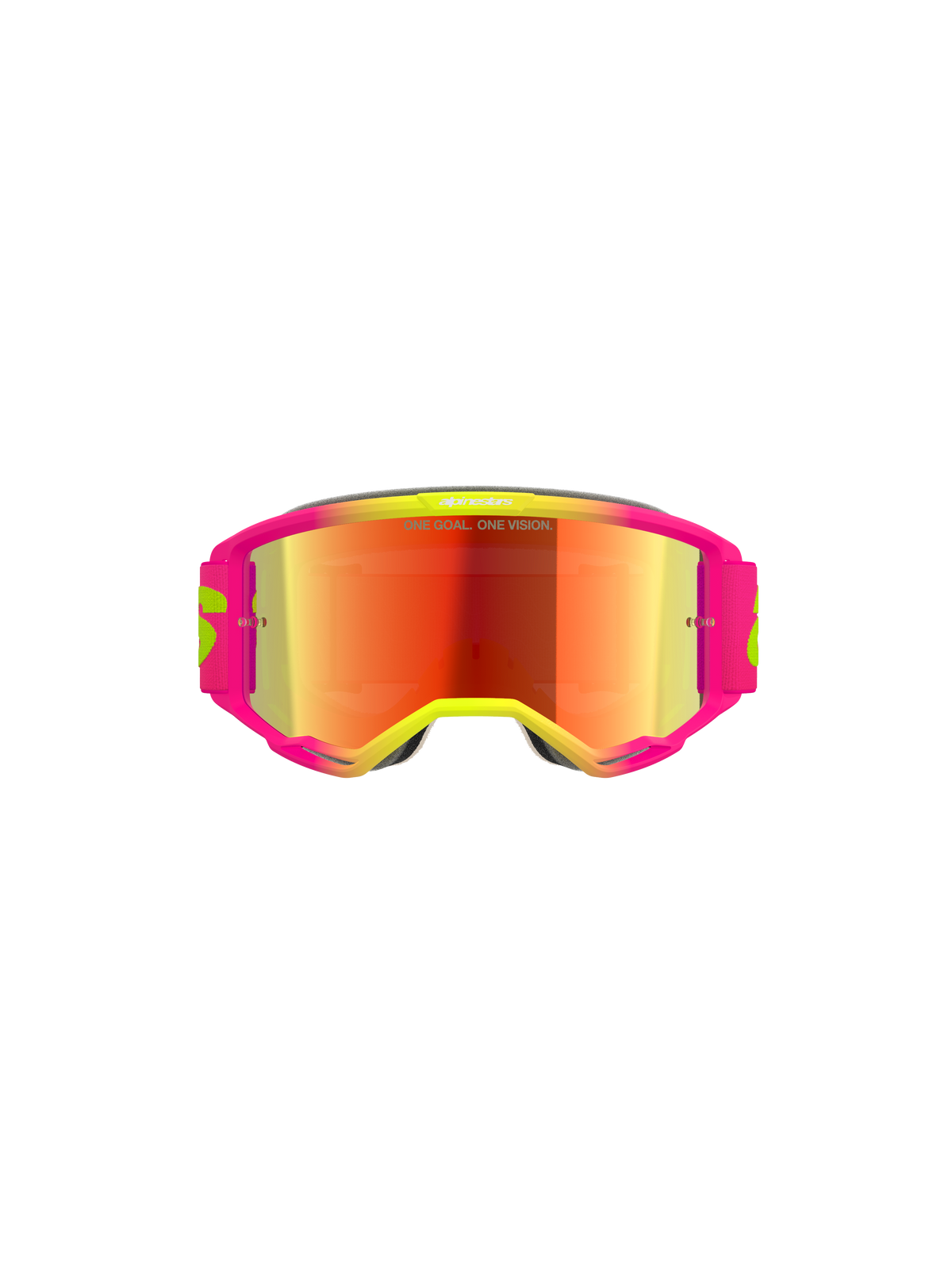 Alpinestars Vision 5 Wordmark-glasögon, motocrossglasögon, rosa och neongul ram med röd spegelglaslins, med framträdande logotyp och texten "One Goal. One Vision." på linsen, högpresterande skyddsglasögon för terrängkörning