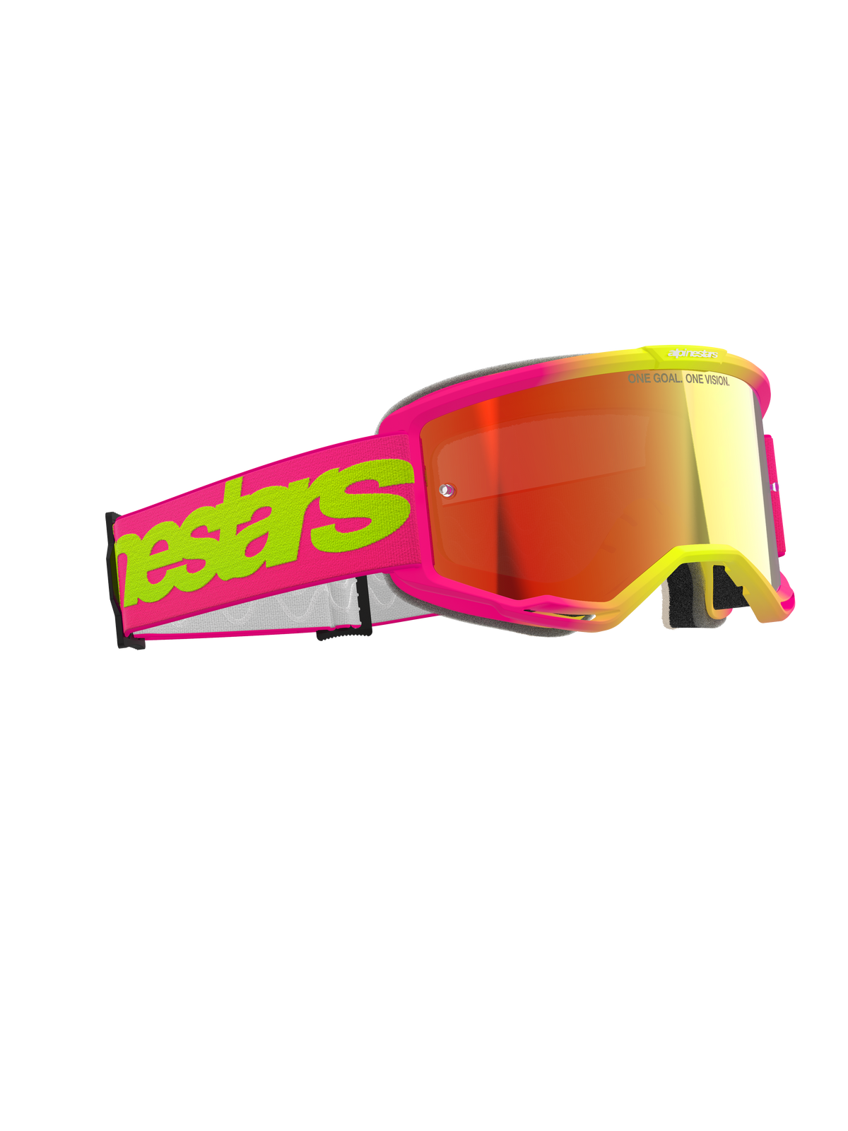 Alpinestars Vision 5 Wordmark-glasögon, motocrossglasögon, rosa och neongula med röd spegellins, tydlig ordlogotyp på remmen, flexibel ram, högpresterande ögonskydd för terrängkörning