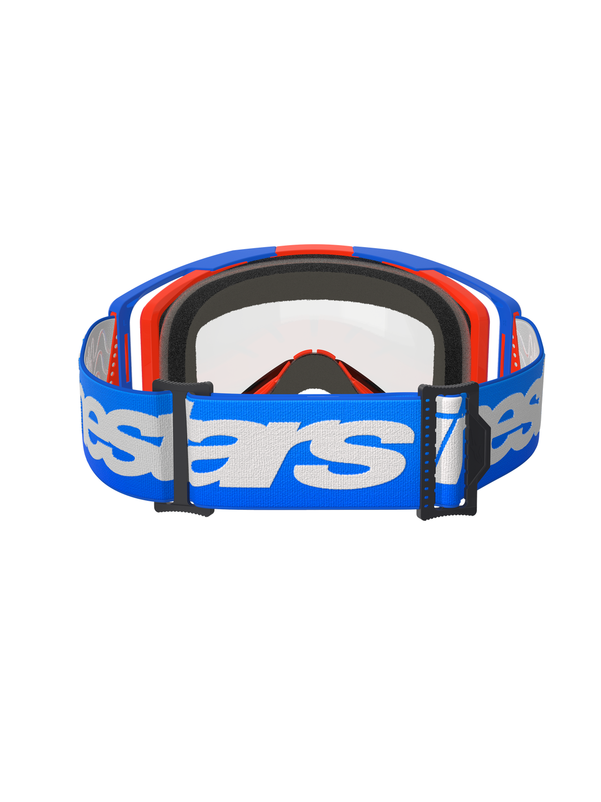 Alpinestars Vision 8 Wordmark Goggles Dubbellins, motocrossglasögon, blå, orange och klar, baksida med ett brett blått band med vit Alpinestars-logotyp, svart flerlagers ansiktsskum och klar dubbellins