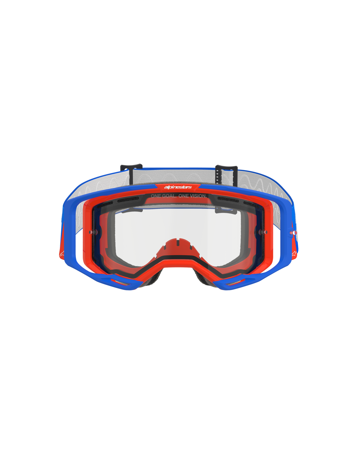 Alpinestars Vision 8 Wordmark Goggles med dubbellins, motocrossglasögon, blå och orange med klar lins, vy framifrån som visar A-FLEX-ramen och dubbellinsen, sloganen "ONE GOAL. ONE VISION." på den övre kanten, högpresterande utrustning för terrängkörning