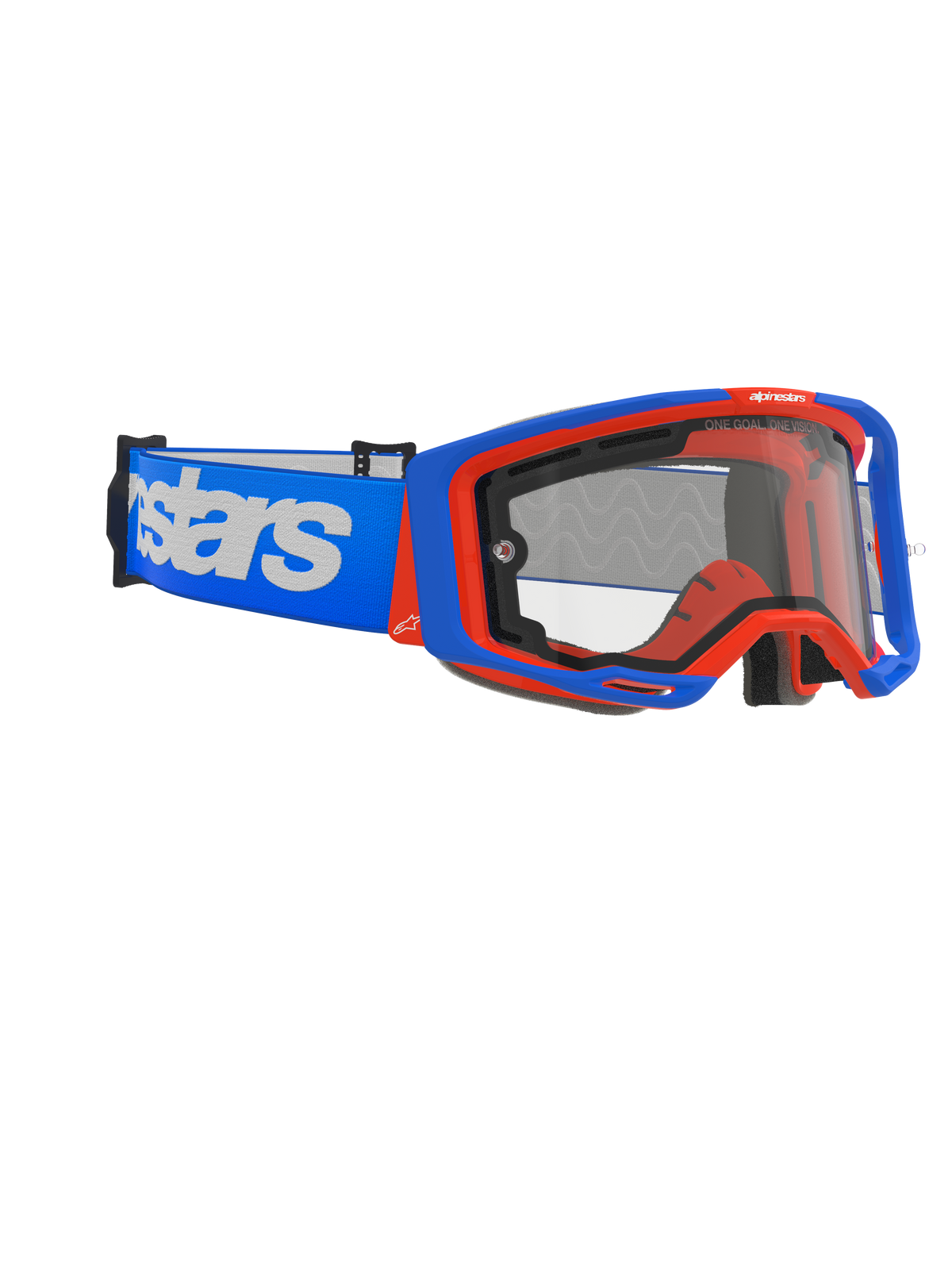 Alpinestars Vision 8 Wordmark Goggles Dual Pane, motocrossglasögon, blå och orange med klar lins, brett blått band med tydlig vit textlogotyp, ergonomisk design för terrängkörning.