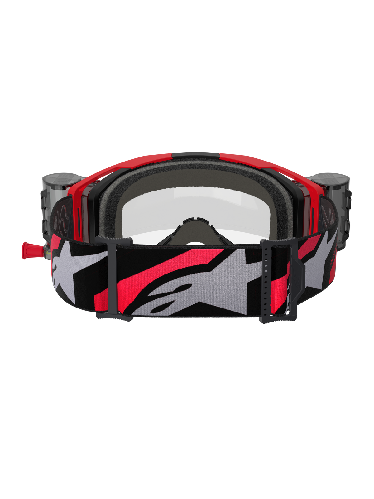 Alpinestars Vision 8 Luar Goggles Roll Off, motocrossglasögon, röd, svart och klar, vy bakifrån med grått ansiktsskum, roll-off-behållare på sidorna och ett brett justerbart band med stor grå Alpinestars-logotyp och röda detaljer.