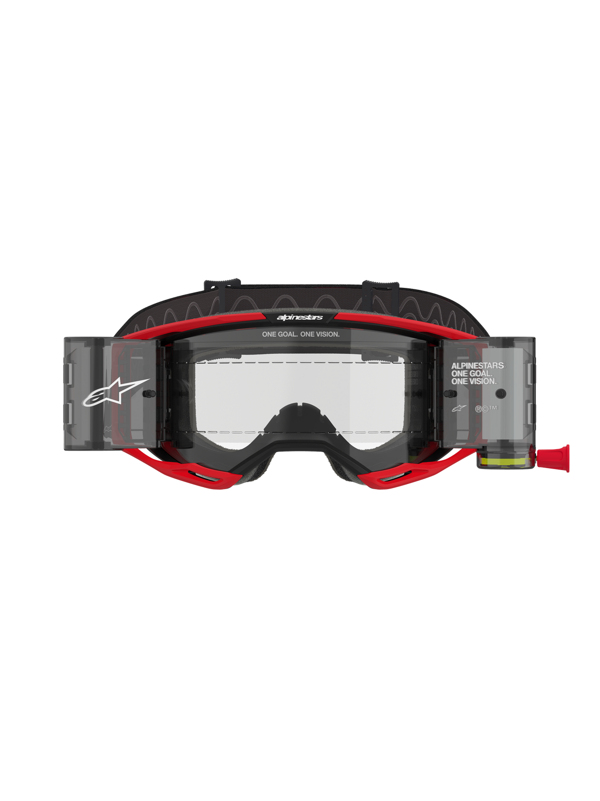 Alpinestars Vision 8 Luar Goggles Roll Off, motocrossglasögon, röda och svarta, med en klar lins och integrerade roll-off-behållare, tydlig Alpinestars-branding med texten "ONE GOAL. ONE VISION.", designade för sikt vid terrängkörning