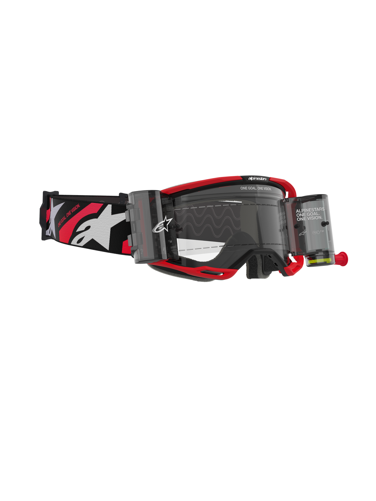 Alpinestars Vision 8 Luar Goggles Roll Off, motocrossglasögon, röd och svart ram med klar lins, integrerat roll-off-system och bred svart rem med vita logotyper och röda detaljer