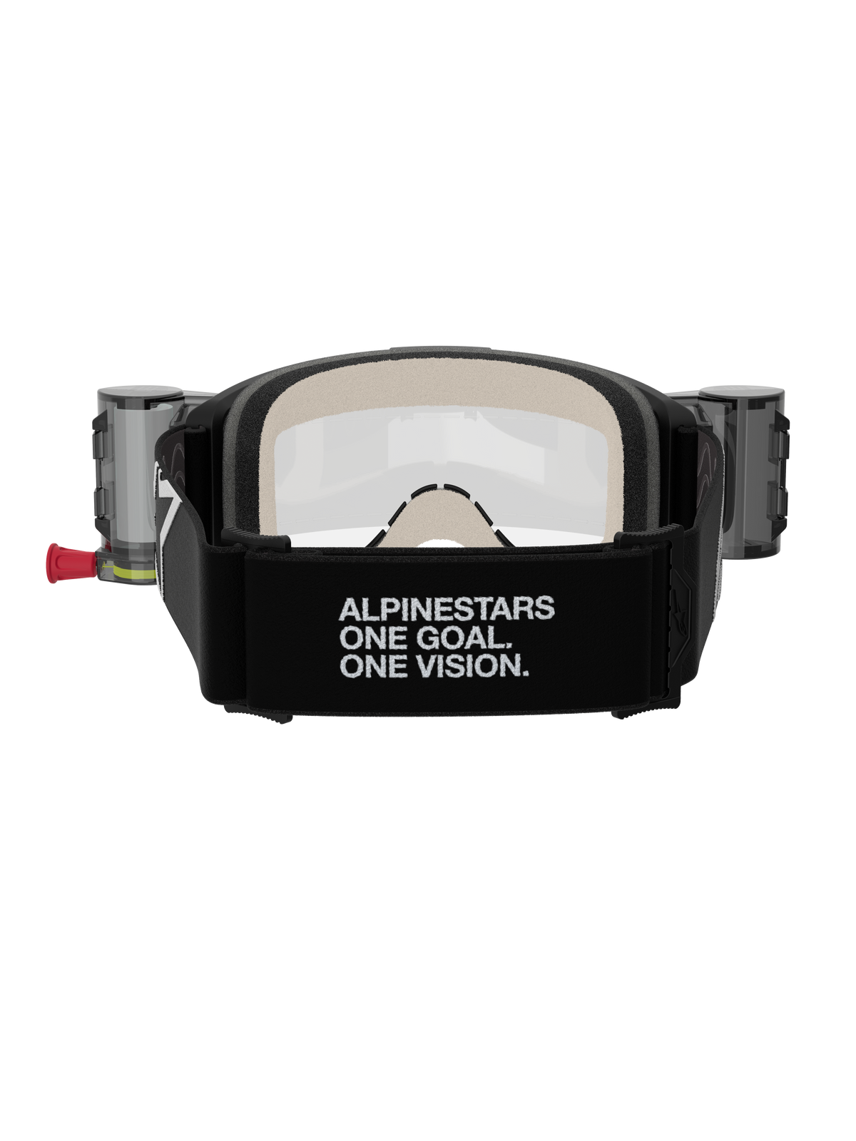 Alpinestars Vision 5 Corp Goggles Roll Off, motocrossglasögon, svarta och klara, vy bakifrån med ett brett svart band med 'ALPINESTARS ONE GOAL. ONE VISION.'-märkning, roll-off-behållare och bekvämt flerskiktsskum