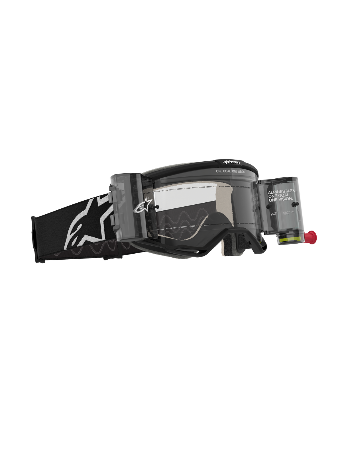 Alpinestars Vision 5 Corp Goggles Roll Off, motocrossglasögon, svarta med klar lins, utrustade med Wide Vision roll-off-system med kassetter och film, svart vävd rem med vit Alpinestars-logotyp, högpresterande ögonskydd för terrängkörning