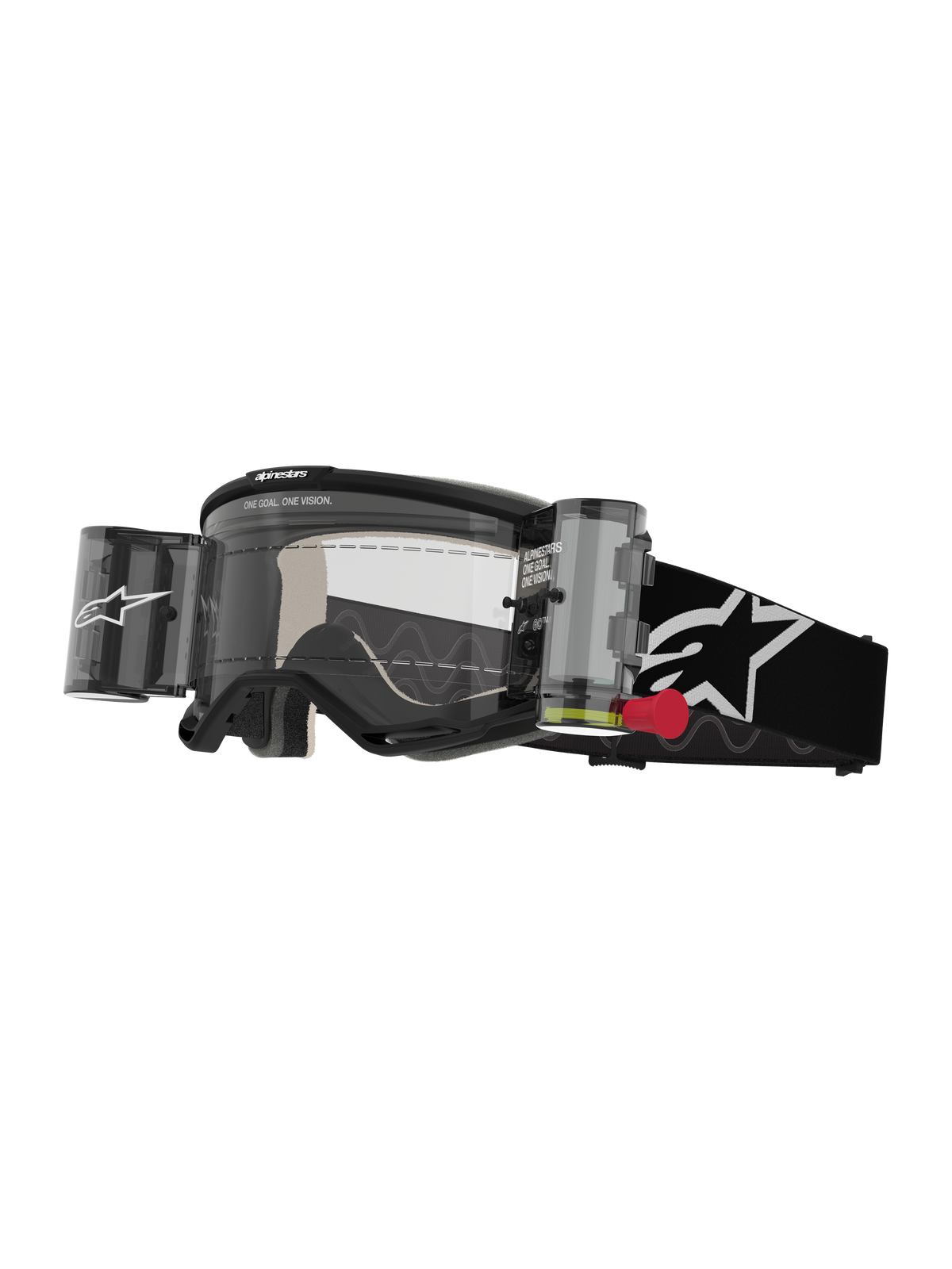 Alpinestars Vision 5 Corp Goggles Roll Off, motocrossglasögon, svart och vit, klar lins med integrerat Wide Vision roll-off-system, röd dragflik, svart rem med vit stjärnlogotyp, ONE GOAL ONE VISION-branding