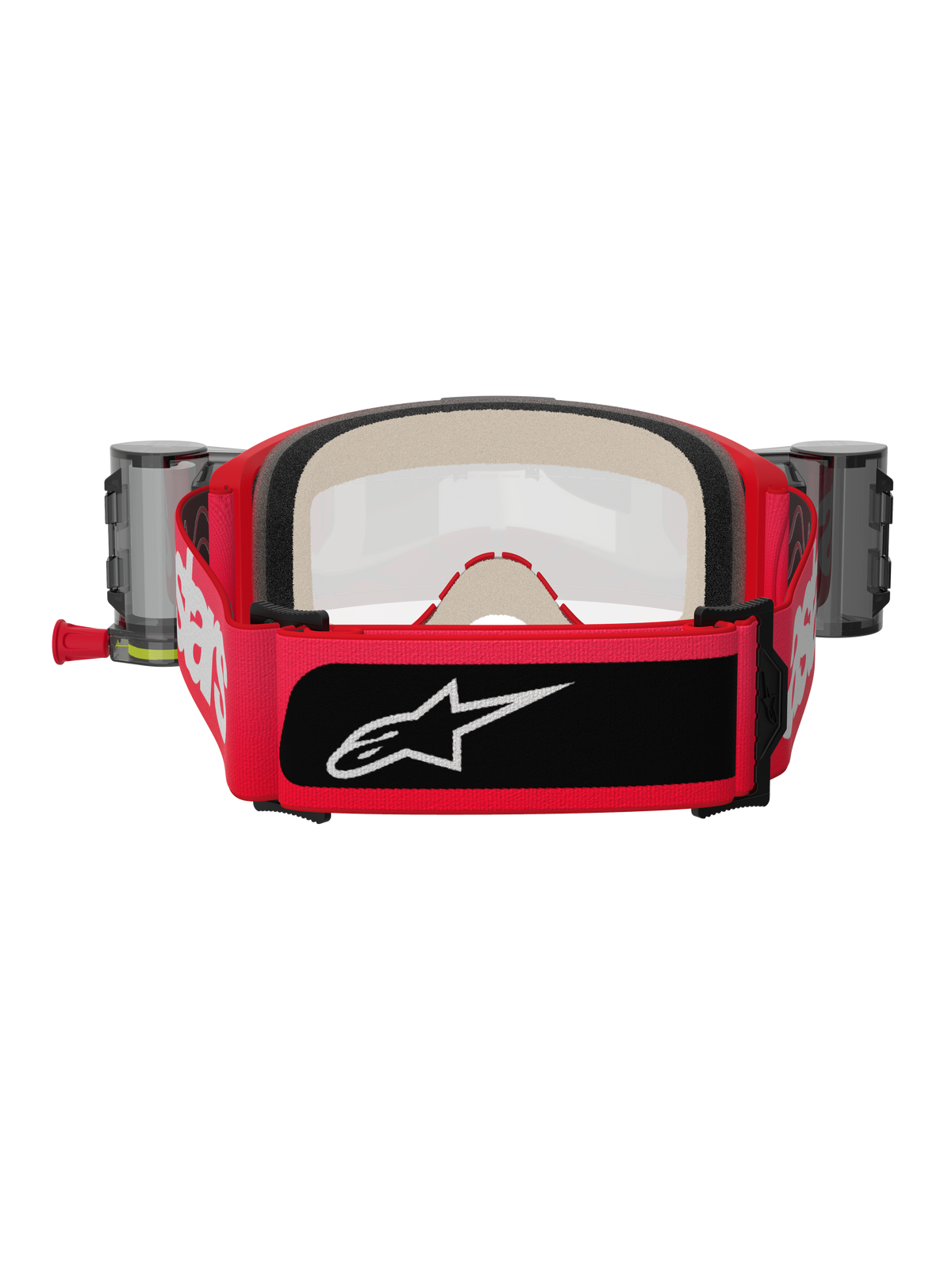 Alpinestars Vision 5 Blaze Goggles Roll Off, röda och svarta, vy bakifrån som visar brett vävt band med vit branding och svart logotypmärke, tjockt flerstegsskum för ansiktet och Wide Vision Roll-Off-systemets behållare på sidorna, skyddsutrustning för motocross