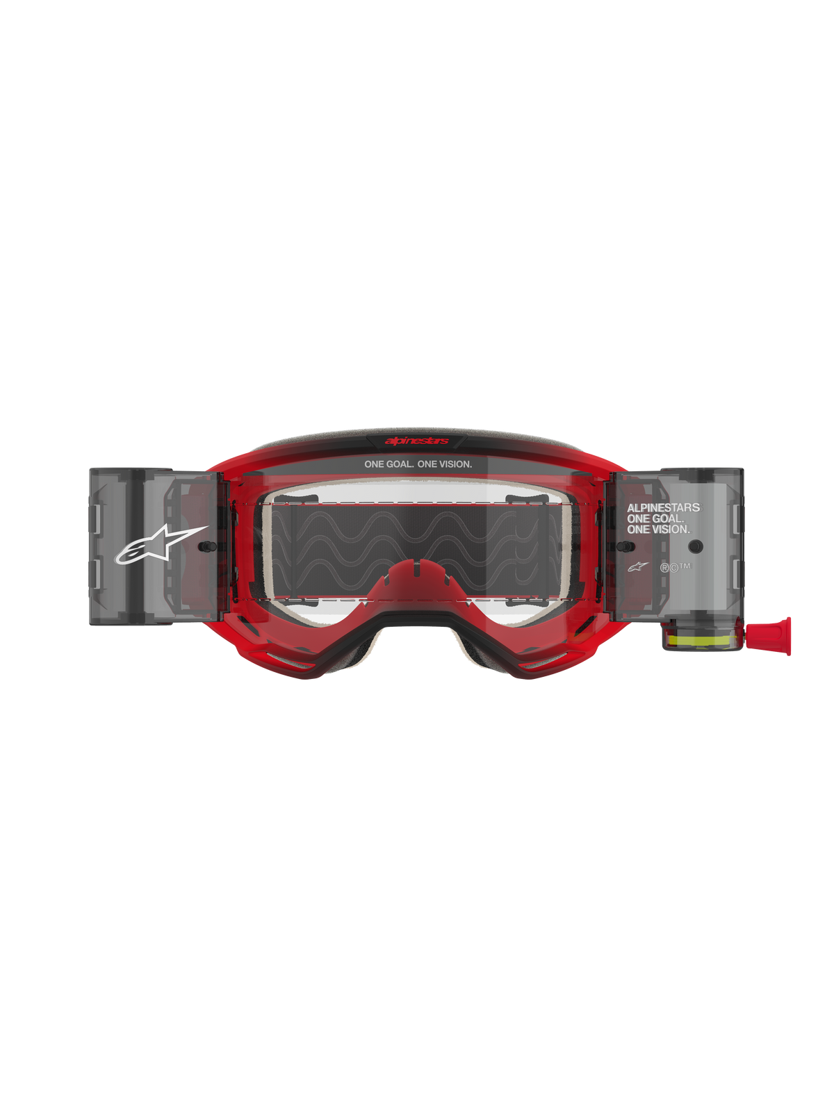 Alpinestars Vision 5 Blaze Goggles Roll Off, motocrossglasögon, röd ram med klar lins, utrustade med ett integrerat Wide Vision Roll-Off-system med sidobehållare, 'ONE GOAL. ONE VISION.'-märkning på ram och lins, professionellt ögonskydd för terrängkörning