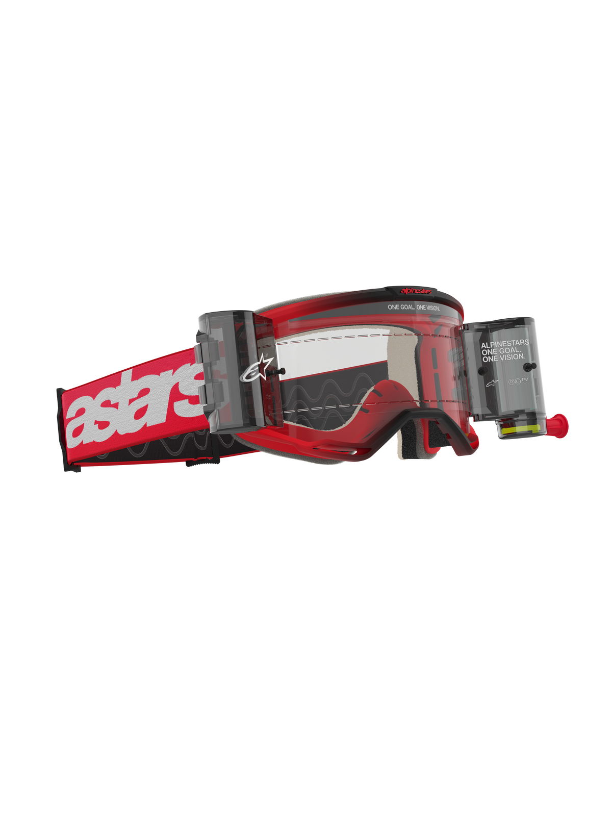 Alpinestars Vision 5 Blaze Goggles Roll Off, motocrossglasögon, röd ram med vit astars-logotyp på bandet, klar lins med integrerade behållare för Wide Vision Roll-Off-systemet, hållbart ögonskydd för terrängkörning