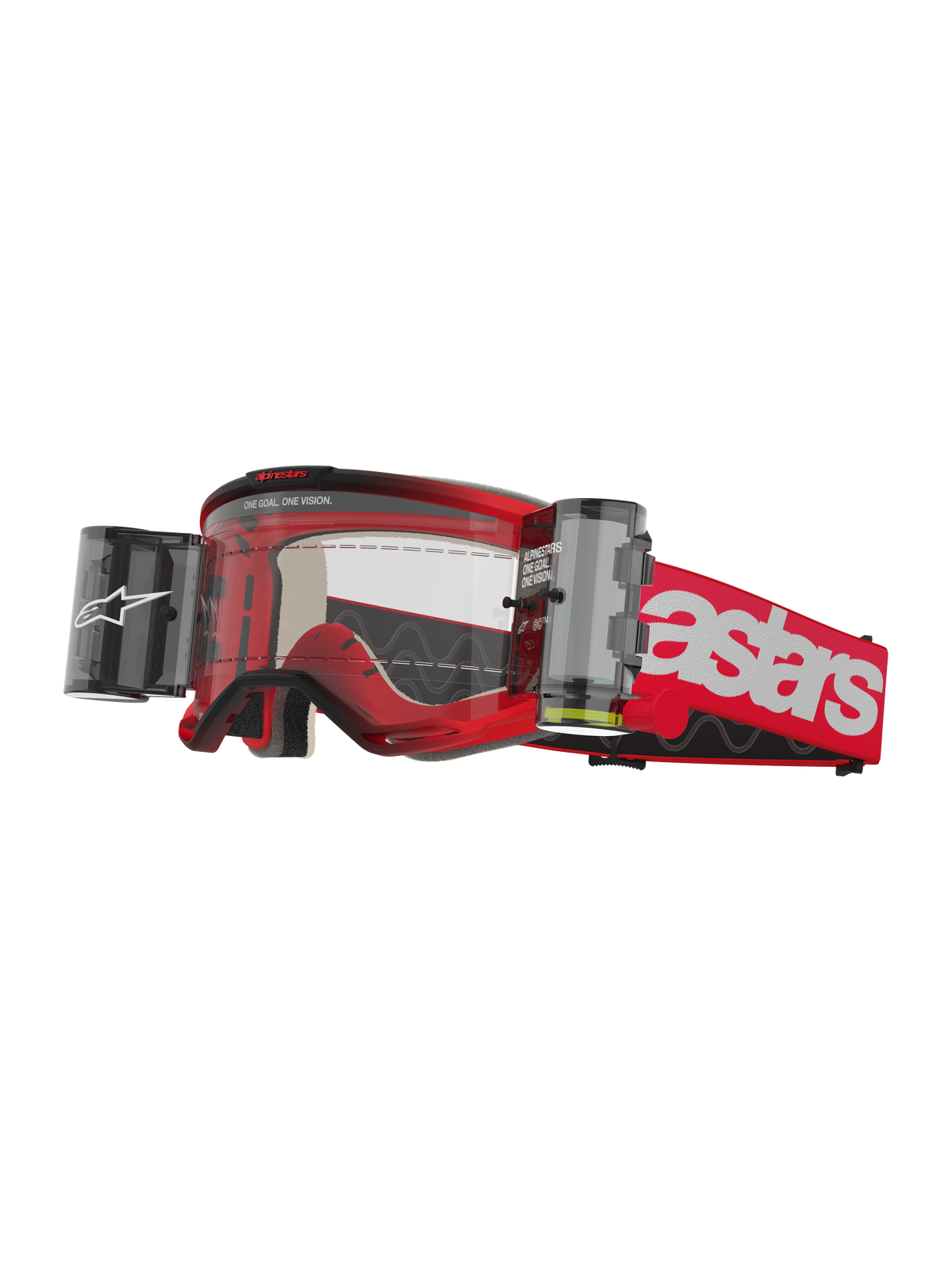 Alpinestars Vision 5 Blaze Goggles Roll Off, motocrossglasögon, röda och vita, klar lins med integrerat Wide Vision Roll-Off-filmsystem, dubbla sidobehållare, rött vävt band med framträdande vit astars-logotyp, hållbar urethanram med skumvaddering, skyddsglasögon för off-road-racing