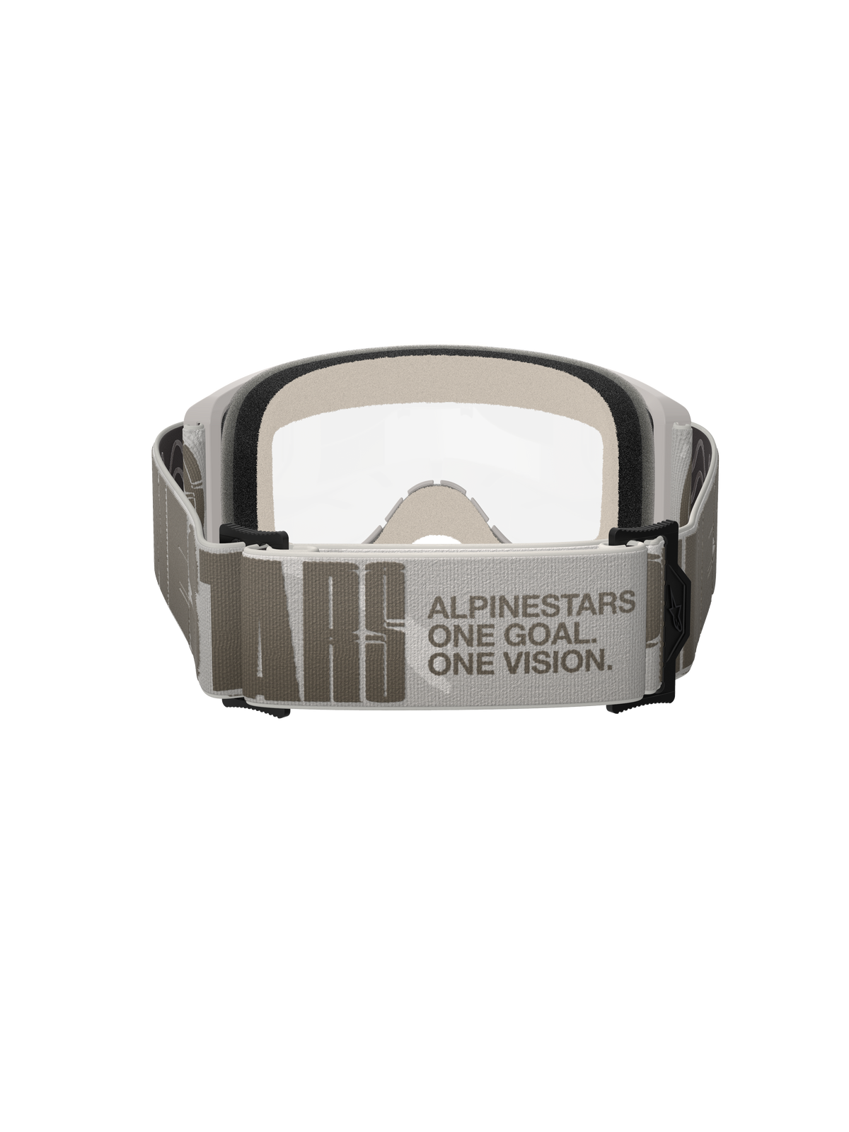 Alpinestars Vision 5 Hollow Goggles, motocrossglasögon, Wind Clear, baksida med fokus på det breda ljusgrå bandet med Alpinestars-logotyp och sloganen 'One Goal One Vision', vit ram med klar lins och tjockt ansiktsskum synligt