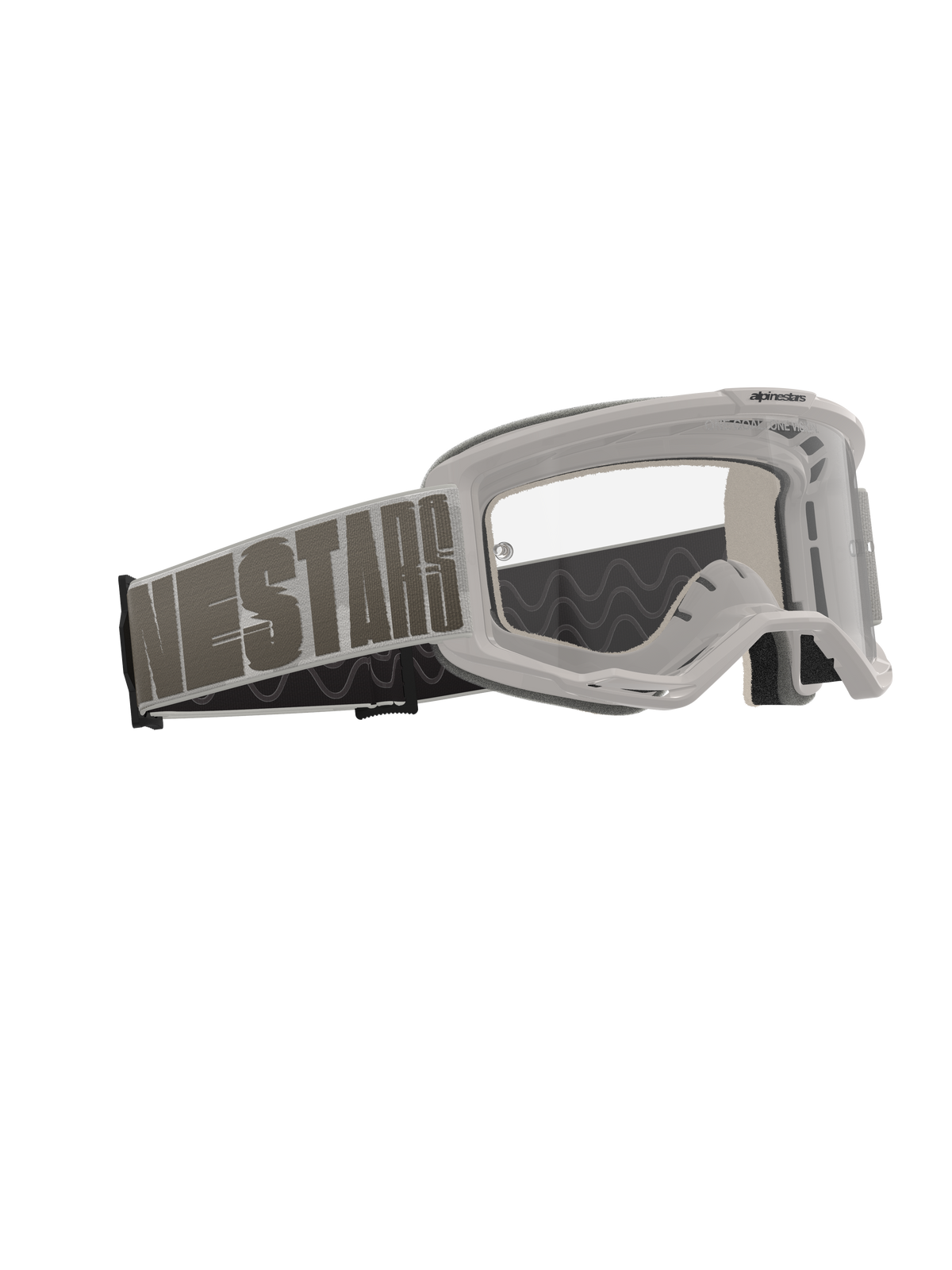 Alpinestars Vision 5 Hollow-glasögon, motocrossglasögon, Wind Clear, ljusgrå ram med klar imskyddad lins, brett vävt band med framträdande 'NESTARS'-logotyp, högpresterande skyddsglasögon för terrängkörning