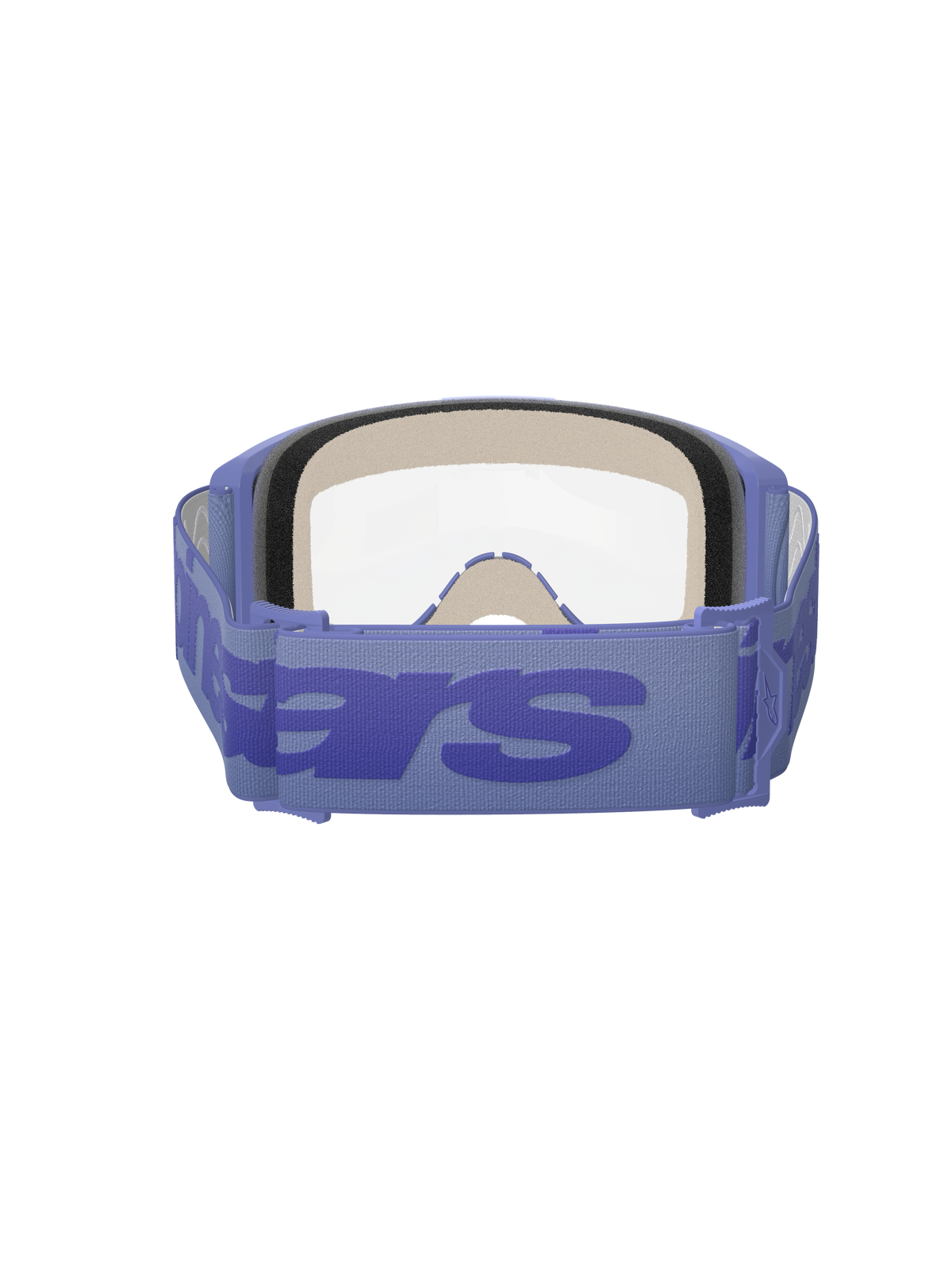 Alpinestars Vision 5 Wordmark-glasögon, lila och klar, baksida som visar ansiktsskum i tre lager, bred lila vävd rem med tydlig wordmark-logotyp, klar lins, designade för motocross och terrängkörning