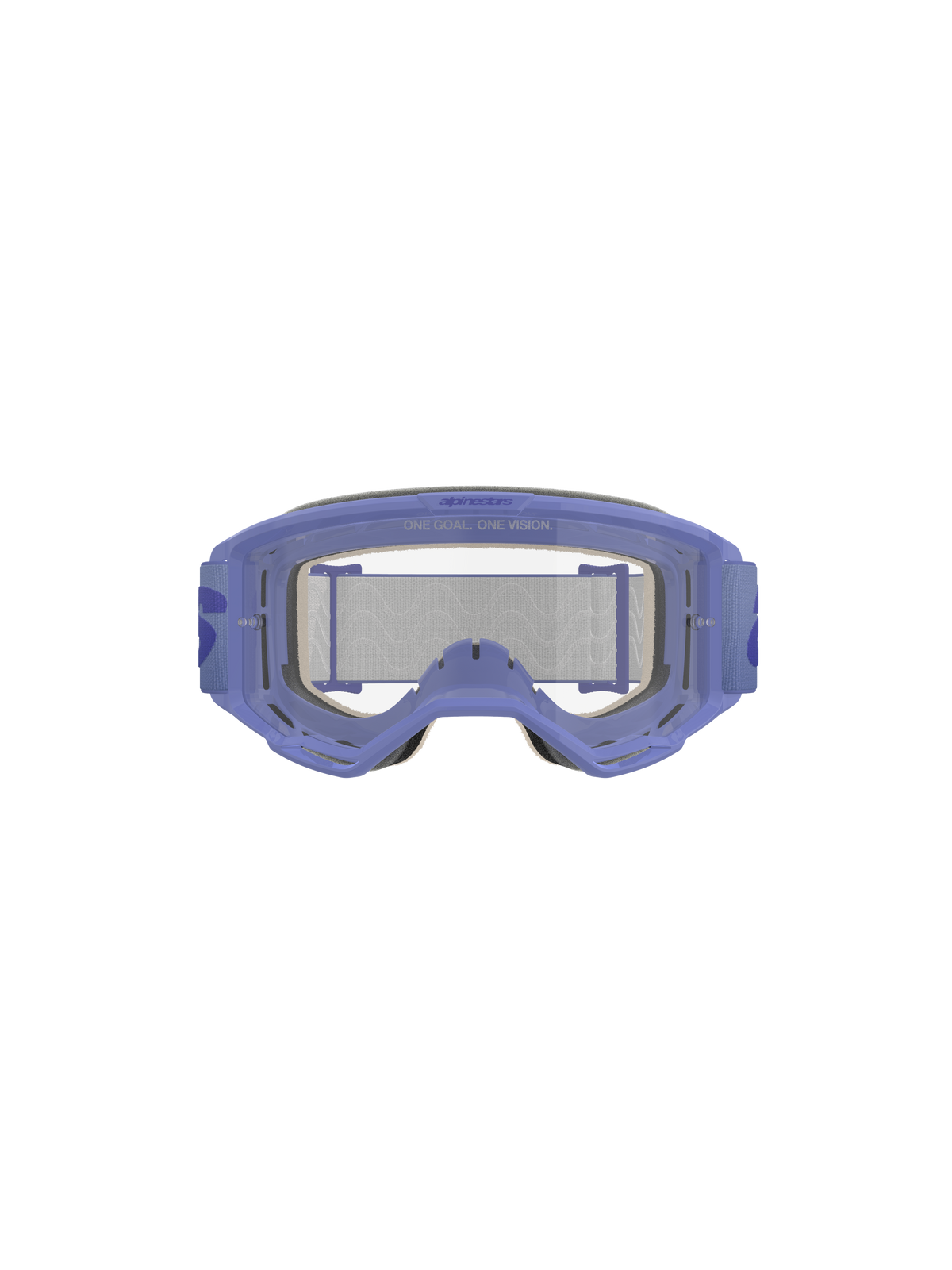 Alpinestars Vision 5 Wordmark-goggles, lila och klar, med en lätt A-FLEX-ram i uretan, klar imskyddsbehandlad polykarbonatlins med texten "ONE GOAL. ONE VISION.", 17 mm flerskiktsskum och lila vävd rem med stor logotyp, professionellt ögonskydd för motocross