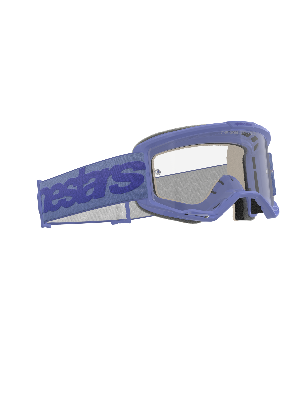Alpinestars Vision 5 Wordmark goggles, motocrossglasögon, lila och klar, med ett brett lila band med Alpinestars-märkning, flexibel uretanram, klar imskyddsbehandlad lins och flerskiktsskum mot ansiktet