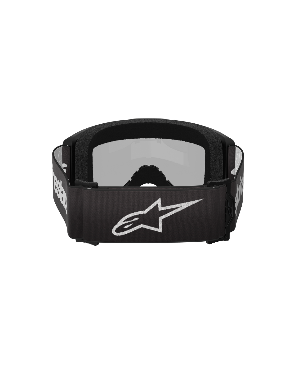 Alpinestars Vision 3 Wordmark Goggles, motocrossglasögon, svarta och Mirror Silver, vy bakifrån med en svart vävd rem, vit Alpinestars-logotyp och mjuk invändig skumvaddering