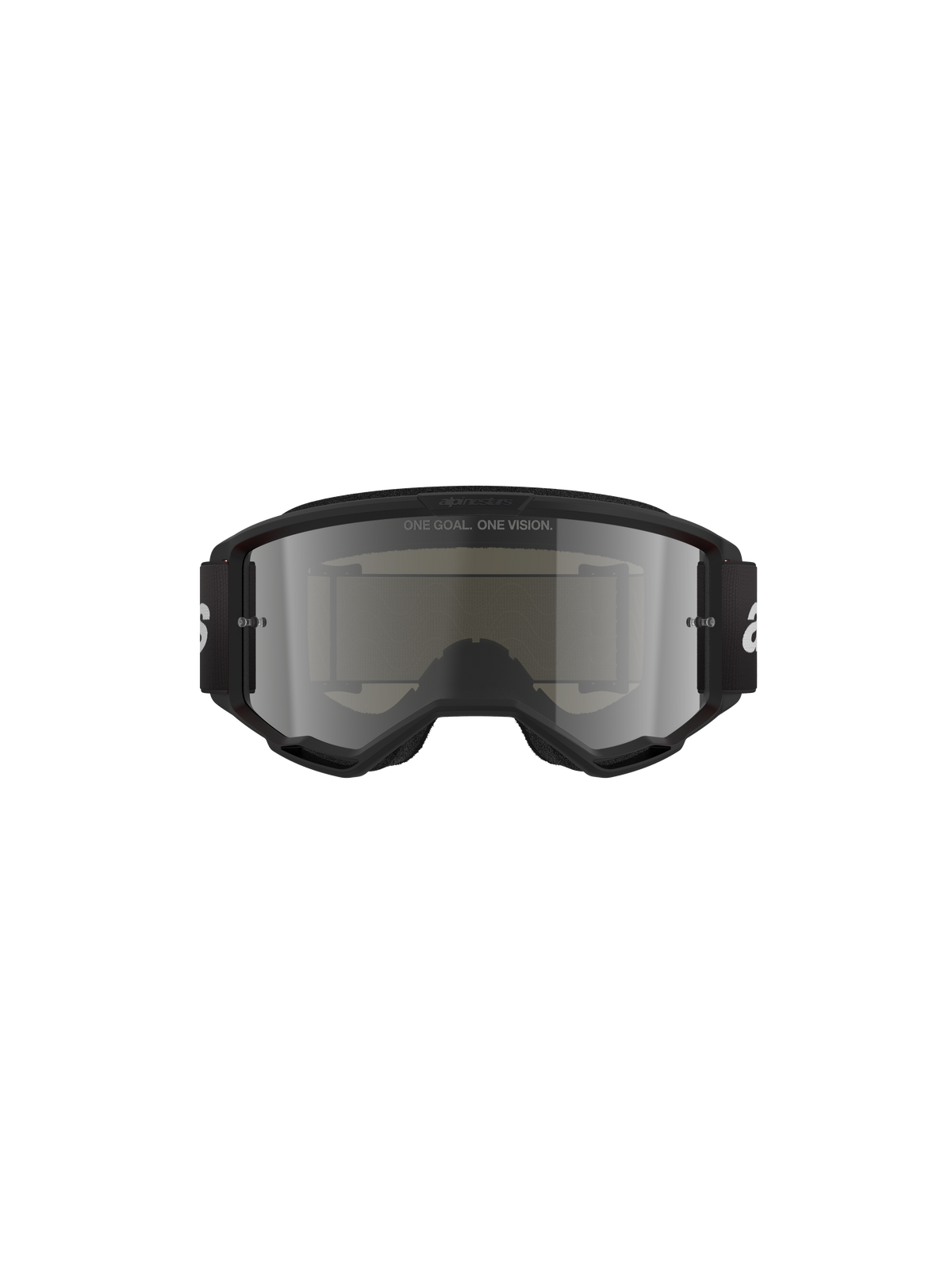 Alpinestars Vision 3 Wordmark Goggles, motocrossglasögon, Black Mirror Silver, med en elegant svart ram och silverfärgad spegellins, svart vävd rem med vit logotyp, designade för terrängkörning och ögonskydd