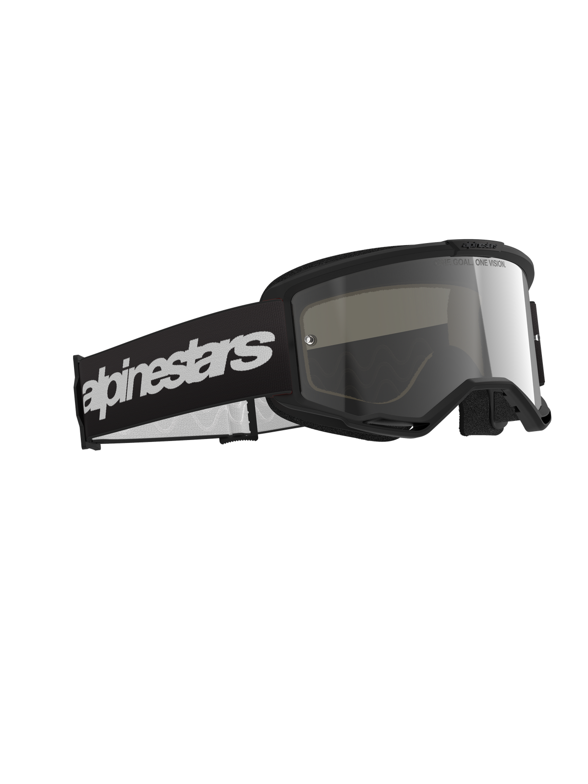 Alpinestars Vision 3 Wordmark Goggles, motocrossglasögon, svart ram med Mirror Silver-lins, bred svart rem med tydlig vit Alpinestars-logotyp, smidiga skyddsglasögon för terrängkörning