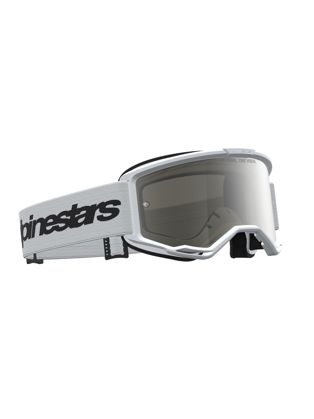 Alpinestars Vision 3 Wordmark Mirror goggles, vita och svarta motocross-glasögon med imfri silverfärgad spegellins.