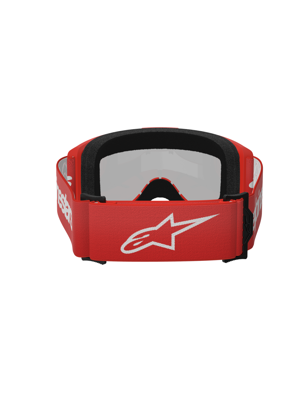 Alpinestars Vision 3 Wordmark Goggles, motocrossglasögon, Red Mirror Silver, vy bakifrån med en röd vävd rem med vit Alpinestars-logotyp, svart EO15-ansiktsskum och justerbar passform för terrängprestanda.