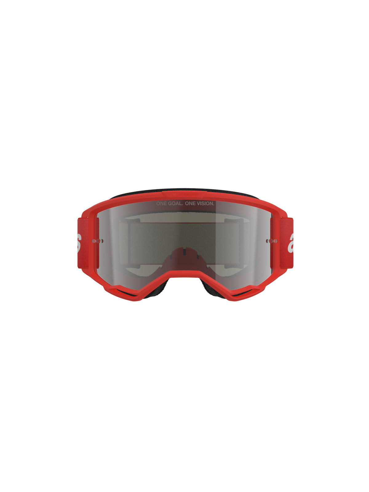 Alpinestars Vision 3 Wordmark-glasögon, motocrossglasögon, röd ram med Silver Mirror-lins, vy framifrån med texten 'ONE GOAL. ONE VISION.' på linsen och en bred röd rem