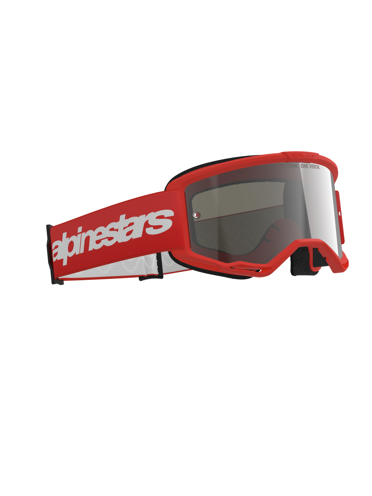 Alpinestars Vision 3 Wordmark Goggles, motocrossglasögon, röd ram med matchande röd rem och en stor vit logotyp, silverfärgad spegellins, designade för terräng- och motocrosskörning