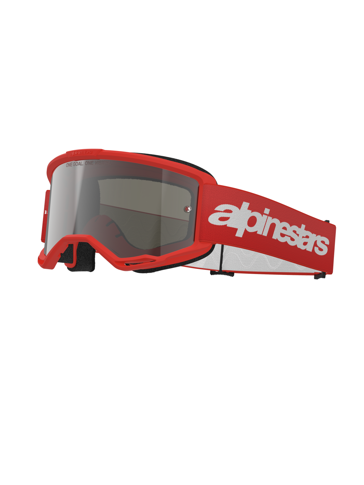 Alpinestars Vision 3 Wordmark Goggles, motocrossglasögon, röd och silverspegel, klarröd ram med silverfärgad spegellins, rött vävt band med en stor vit textlogotyp, sportiga skyddsglasögon för terrängkörning
