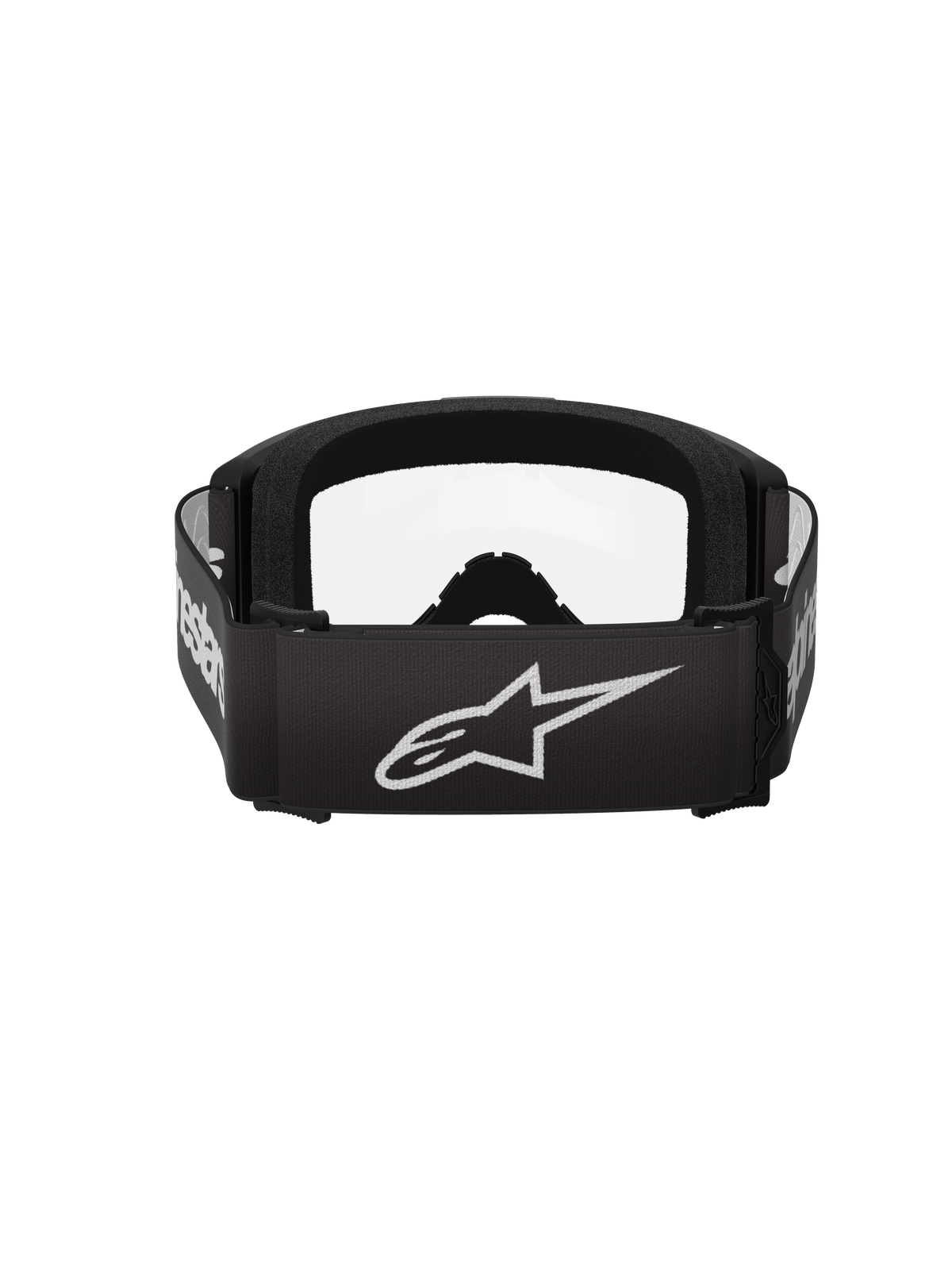 Alpinestars Vision 3 Wordmark Goggles, motocrossglasögon, svarta och klara, baksida med ett brett svart band med en vit Alpinestars-stjärnlogotyp och ordmärke, tjockt svart ansiktsskum och klar lins.
