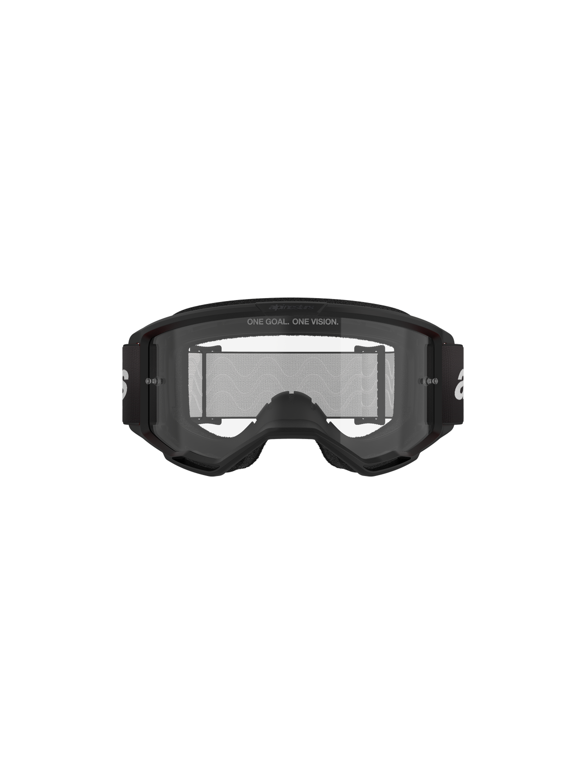 Alpinestars Vision 3 Wordmark Goggles, motocrossglasögon, svarta och klara, vy framifrån med klar imskyddad lins, A-FLEX-ram, svart rem med vit Alpinestars-logotyp och slogan-detaljen 'ONE GOAL. ONE VISION.'