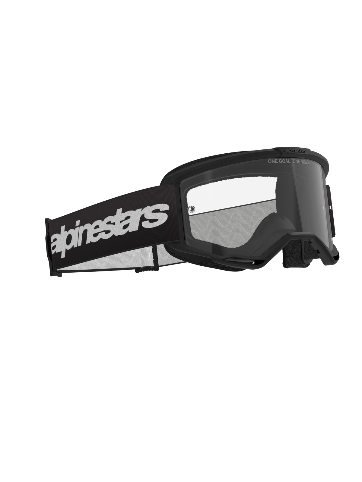 Alpinestars Vision 3 Wordmark goggles, motocrossglasögon, svarta med klar lins, brett svart band med en tydlig vit logotyp, klar imskyddad lins med texten "ONE GOAL. ONE VISION.", stilren prestandadesign för terrängkörning