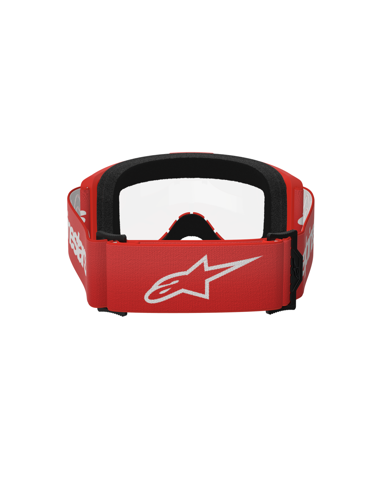 Alpinestars Vision 3 Wordmark Goggles, Motocross Goggles, Red and Clear, Rear view showing red woven strap with large white Alpinestars logo and black face foam padding