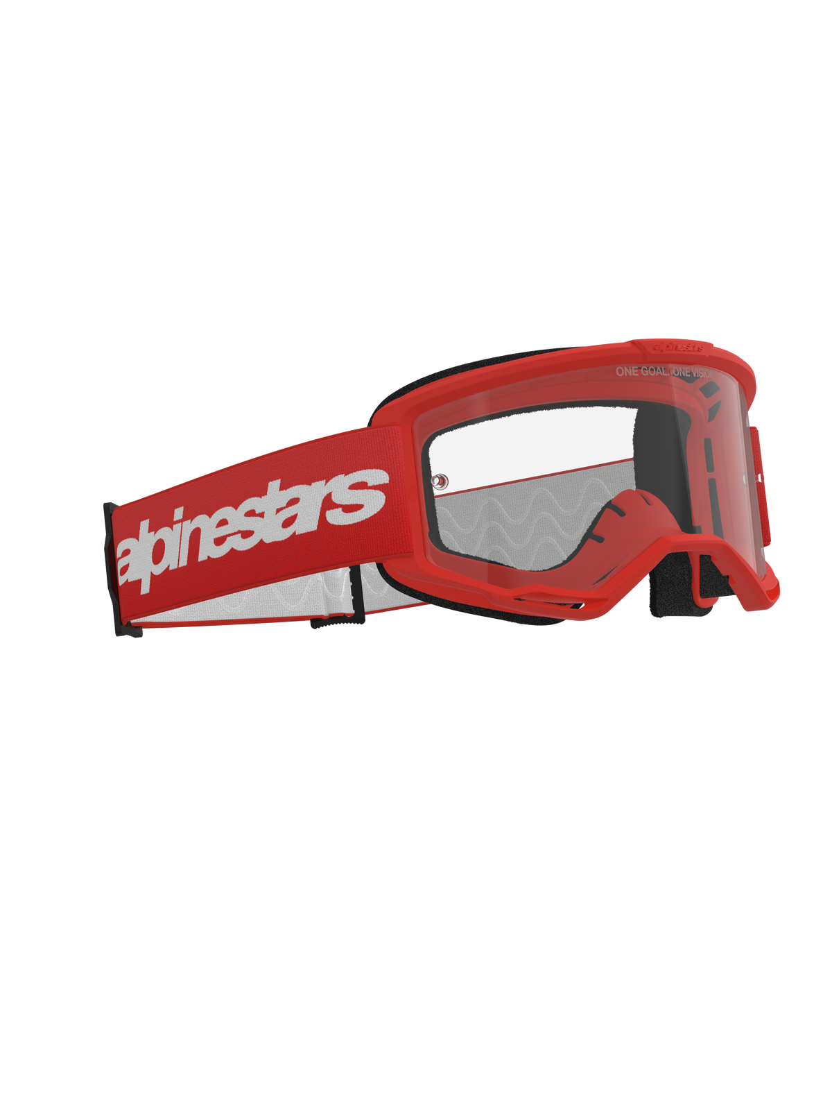 Alpinestars Vision 3 Wordmark Goggles, Motocross Goggles, Red with Clear Lens, featuring a red frame and wide red strap with white Alpinestars branding, professional off-road racing eyewear