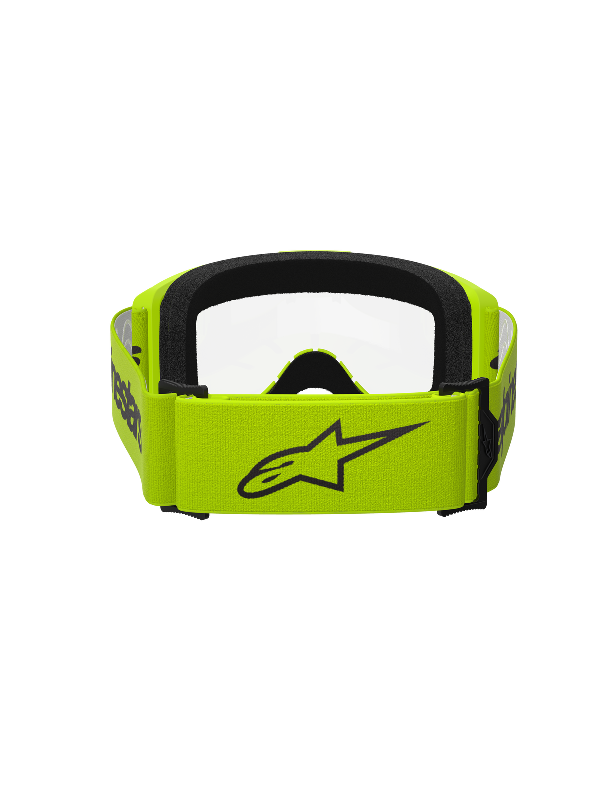 Alpinestars Vision 3 Wordmark-glasögon, motocrossglasögon, fluorescerande gul med klar lins, vy bakifrån som visar bred gul rem med svart Alpinestars-logotyp, svart skuminteriör, hållbar design för terrängkörning