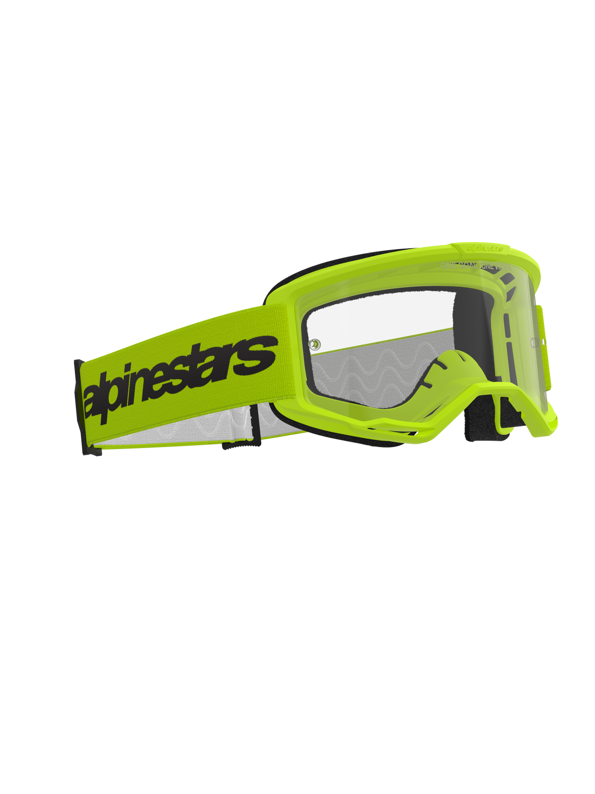 Alpinestars Vision 3 Wordmark Goggles, motocrossglasögon, gul fluo med klar lins, bred neongul rem med svart Alpinestars-logotyp, lätt A-FLEX-ram med RAM-AIR-ventilation, högpresterande ögonskydd för terrängkörning
