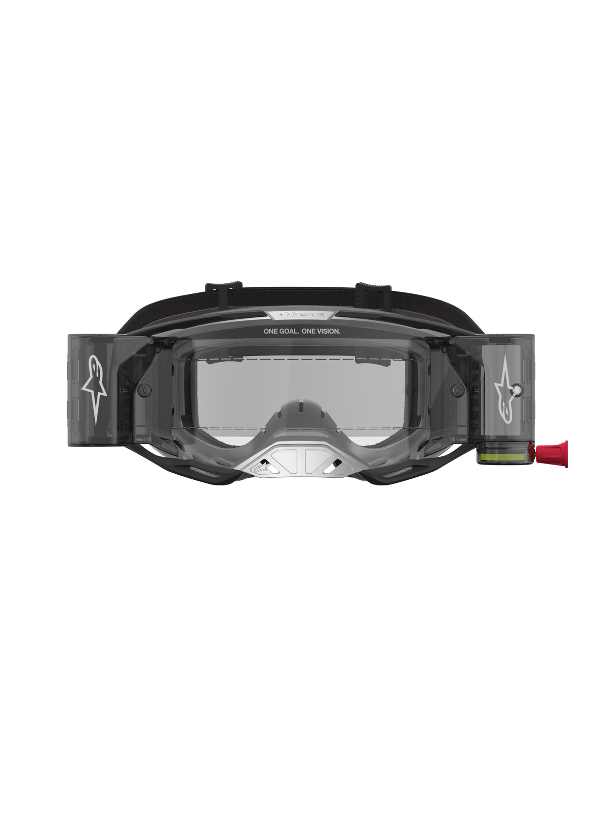 Alpinestars Vision 8 Amber Roll Off Goggles, motocrossglasögon i svart och silver med integrerat roll-off-system och klar lins för terrängkörning.