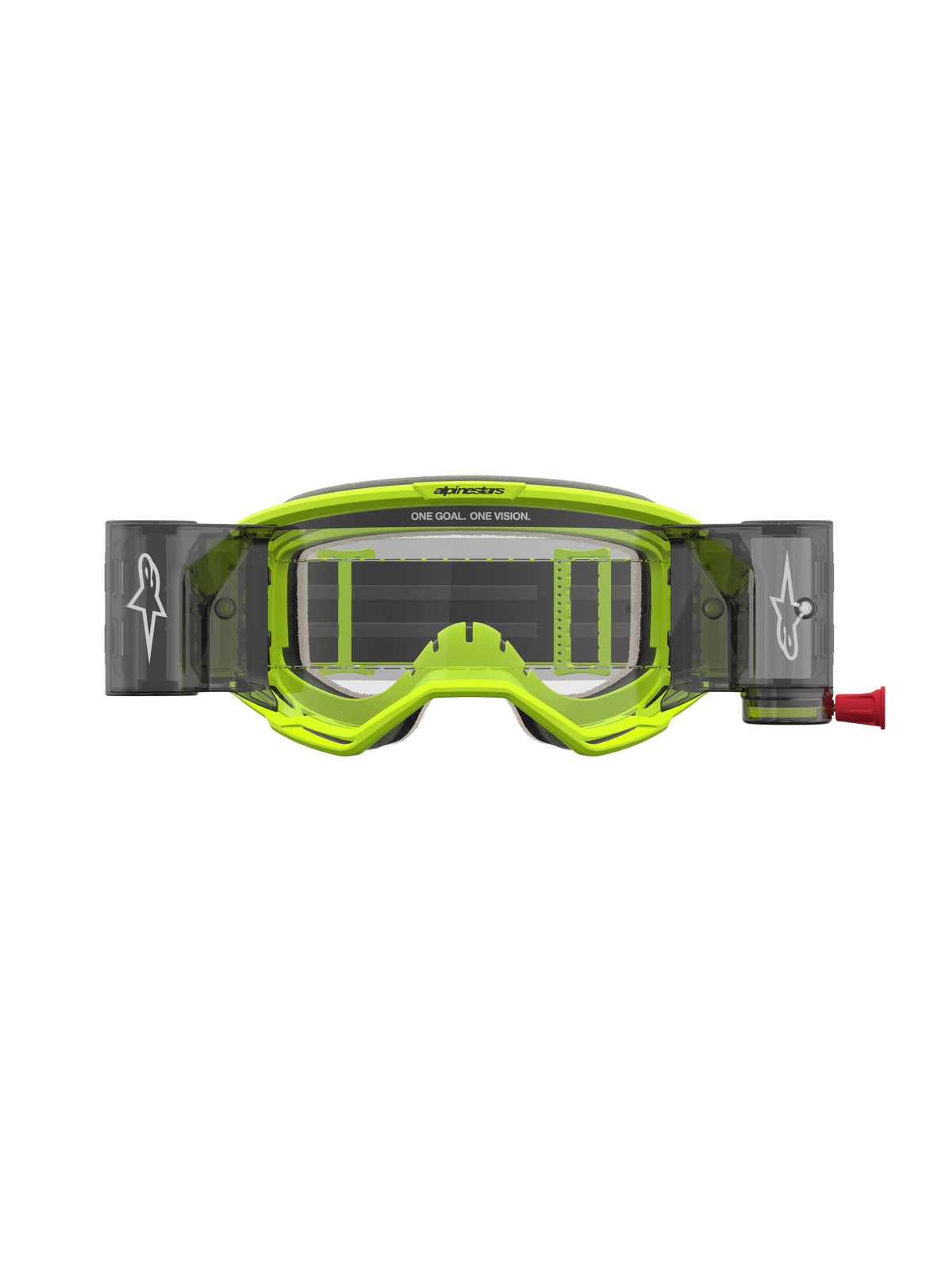 Alpinestars Vision 5 Rora Roll Off Motocross Goggles in Yellow Fluo and Black featuring a clear lens system.