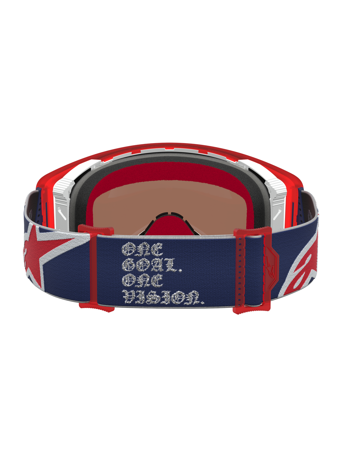Alpinestars Supertech LE Fiftyfold goggles, blå och röda motocross-goggles med One Goal One Vision-rem.