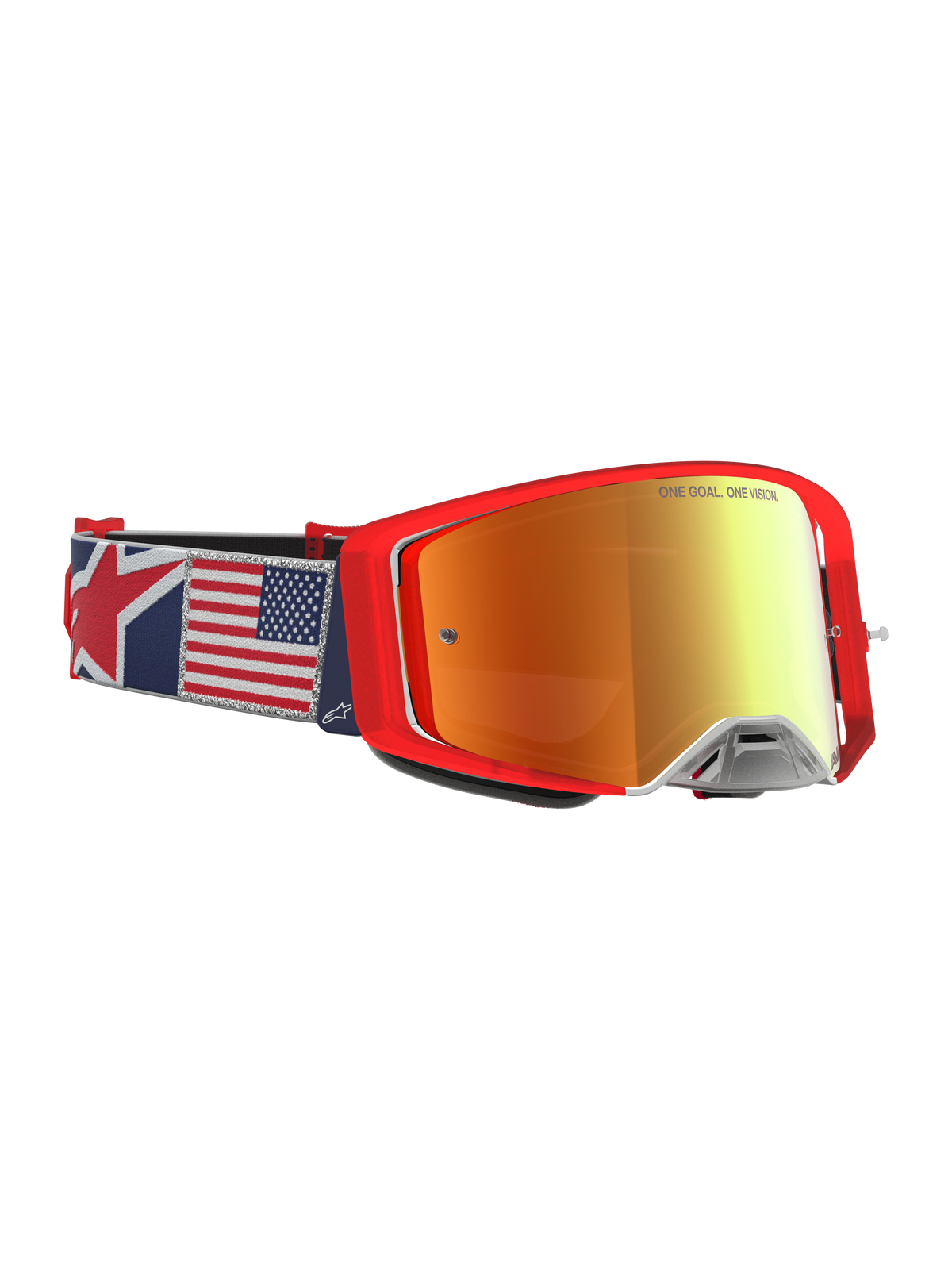 Alpinestars Supertech LE Fiftyfold goggles, röda motocross-goggles för terrängkörning, rött spegelglas och rem med USA-flagga, professionellt skydd