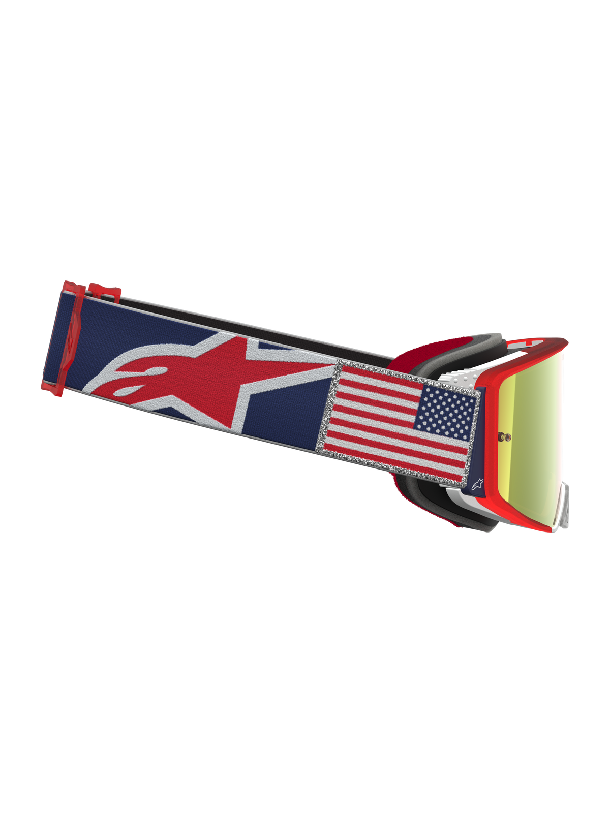 Alpinestars Supertech Fiftyfold goggles, motocrossgoggles i begränsad upplaga, blåa och röda, spegelröd lins och USA-flagga.