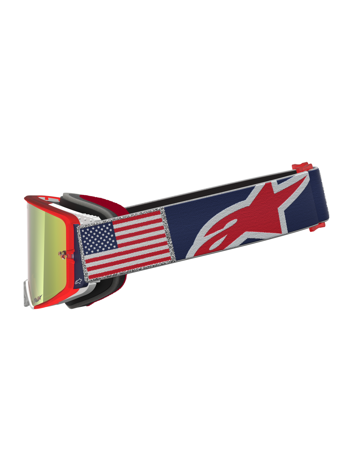 Alpinestars Supertech Limited Edition Fiftyfold goggles, röda motocrossgoggles med USA-flagga på blå rem och spegelglas.