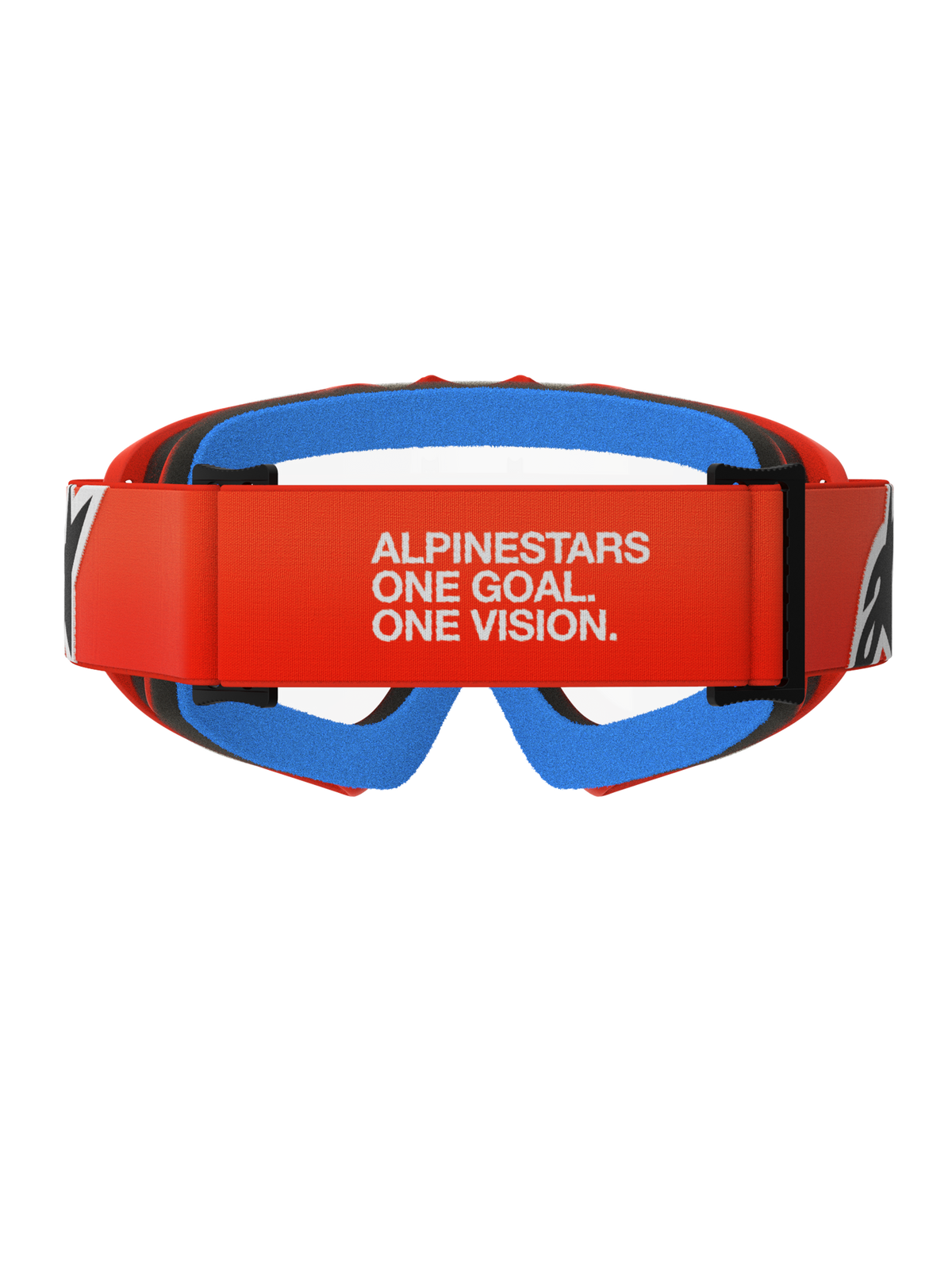 Alpinestars Vision Youth Corp Goggles, motocrossglasögon, orange med klar lins, vy bakifrån med orange rem och vit Alpinestars-slogan, blått inre ansiktsskum och klar polykarbonatlins