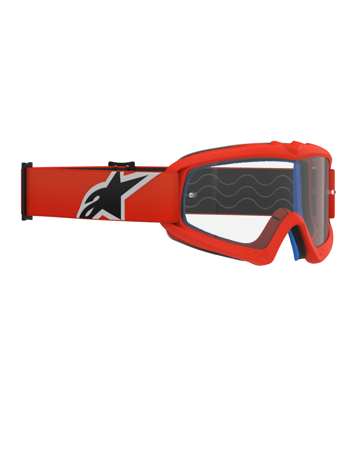 Alpinestars Vision Youth Corp Goggles, motocrossglasögon ungdom, orange ram och klar lins, orange rem med stor svart och vit Alpinestars-logotyp, synligt blått ansiktsskum, silikonvågor för grepp, imskyddsbehandlad polykarbonatlins för terrängkörning