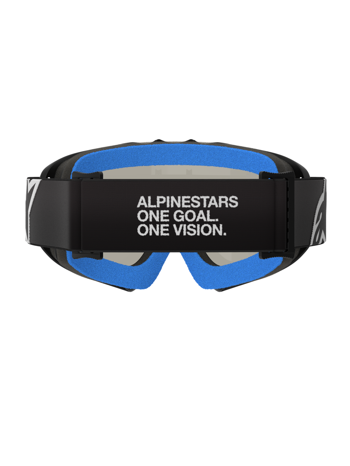 Alpinestars Vision Youth Corp Goggles, Black Mirror Silver, motocrossglasögon, vy bakifrån med svart rem med vit text 'ALPINESTARS ONE GOAL. ONE VISION.', starkblått mjukt ansiktsskum och svart A-FLEX-ram.