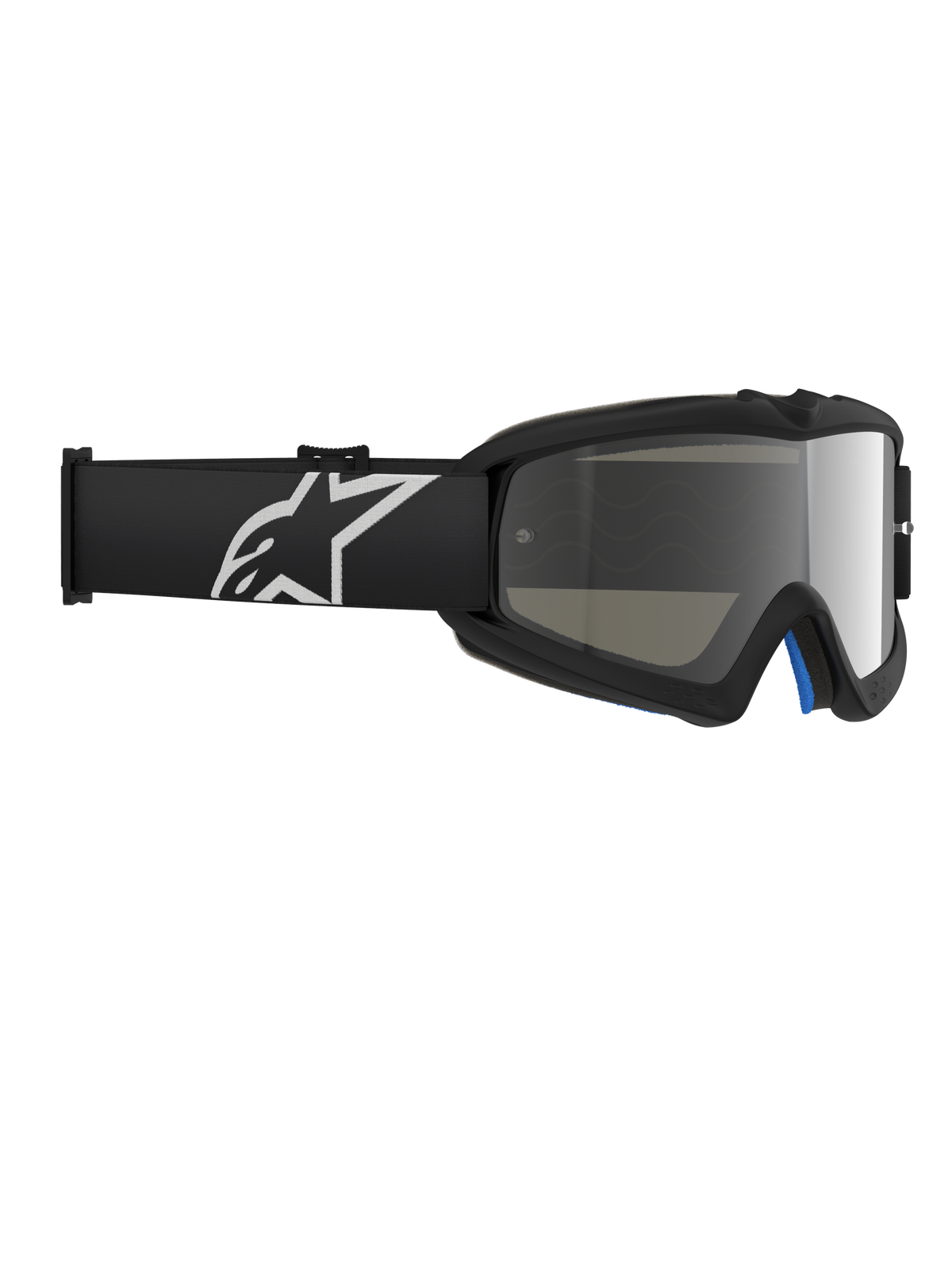 Alpinestars Vision Youth Corp-glasögon, motocrossglasögon, Black Mirror Silver, med en speglad polykarbonatlins och en svart rem med vit Alpinestars-logotyp, designade för unga förare