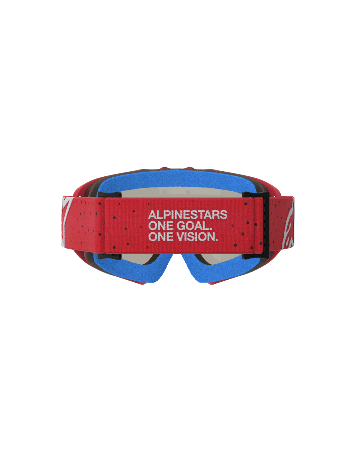 Alpinestars Vision Ungdom Vesta Goggles, röda motocrossglasögon för barn, vy bakifrån med röd justerbar rem, blått ansiktsskum och vit logotyptext.