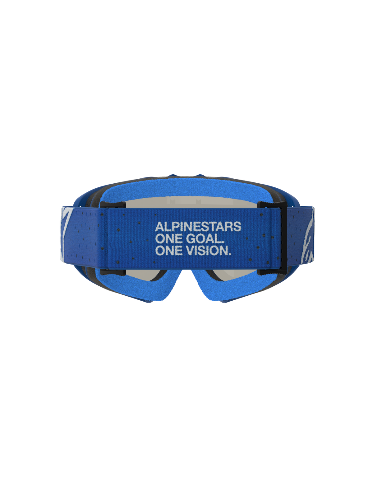 Alpinestars Vision Ungdom Vesta goggles, blå och vita motocrossgoggles bakifrån med märkt rem 'One Goal. One Vision.'