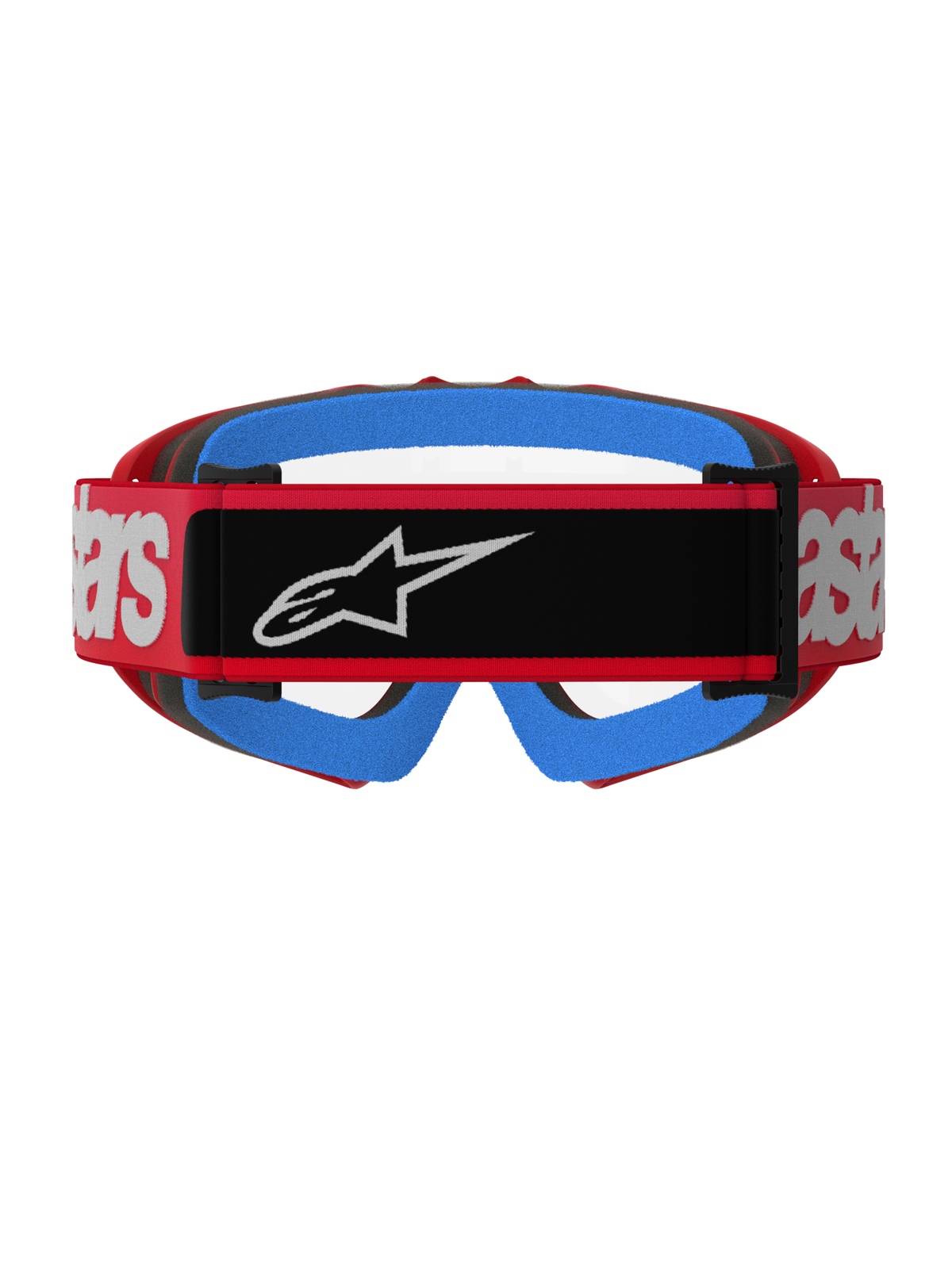 Alpinestars Vision Youth Blaze Goggles, Red and Clear, rear view showing a red woven strap with a black logo patch and white branding, bright blue face foam, and a clear anti-fog lens, designed for youth motocross racing.